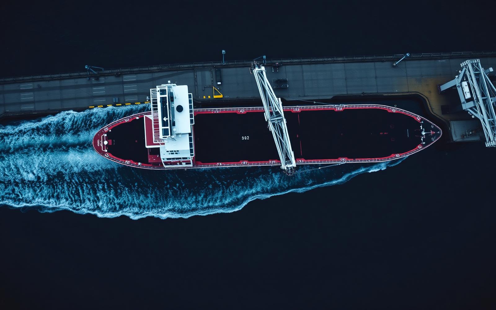 Overhead view of bulk carrier at berth